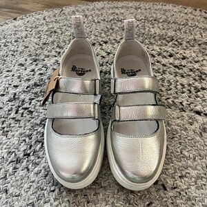Dr. Martens “Mae” silver metallic leather mary janes
